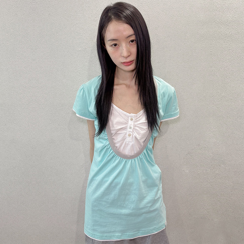 oafish Shirring U neck T-shirts, Mint