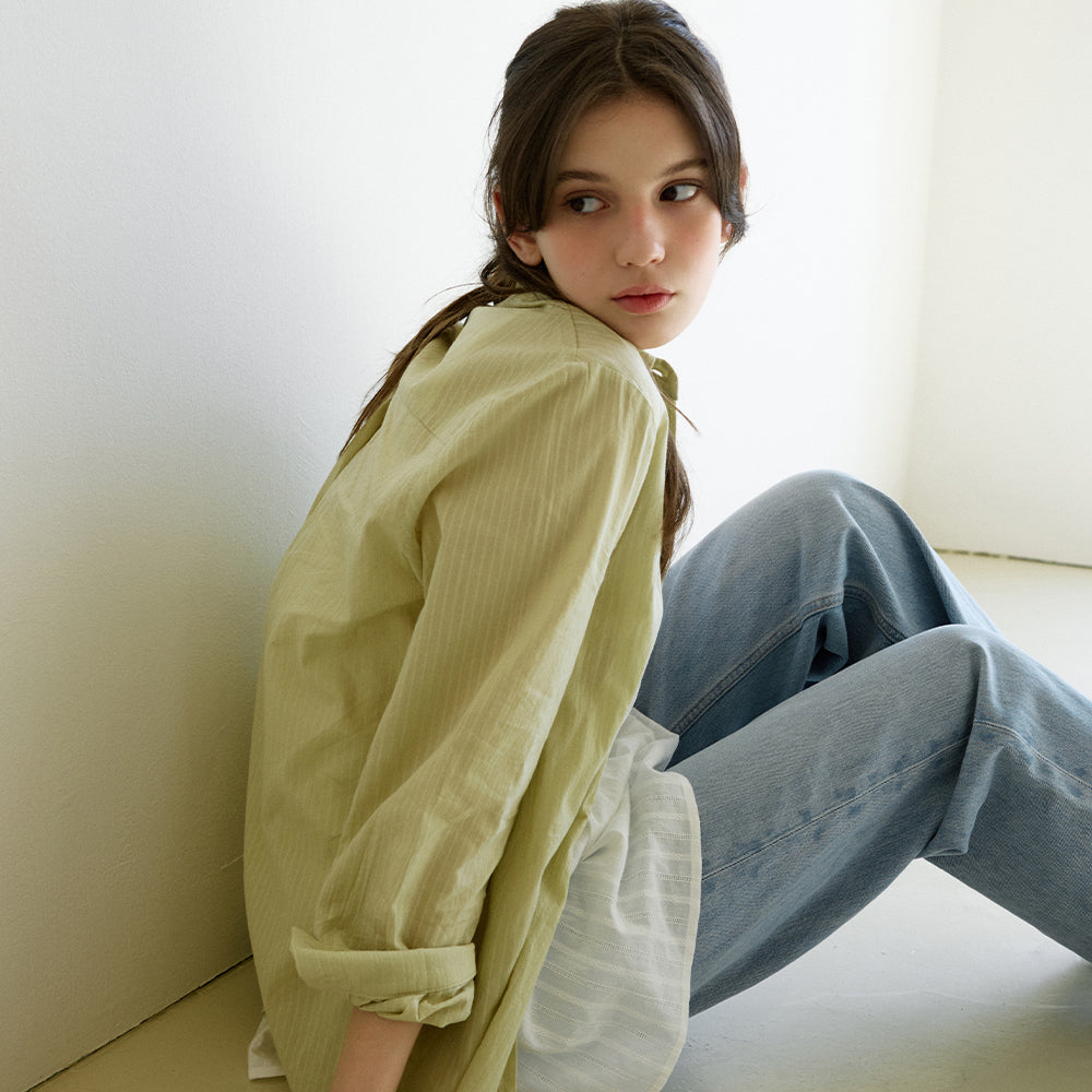 LETTER FROM MOON Letters see-through striped shirt (olive)