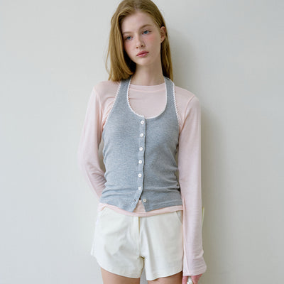 Letters lace button halterneck top (melange gray)