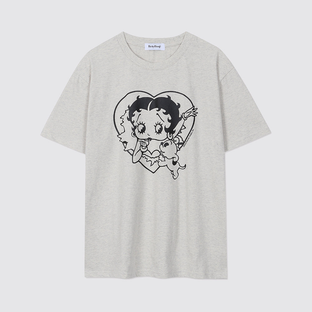 BETTY BOOP Betty Boop Stamp Heart Burst Overfit Short Sleeve T-Shirt_Oatmeal
