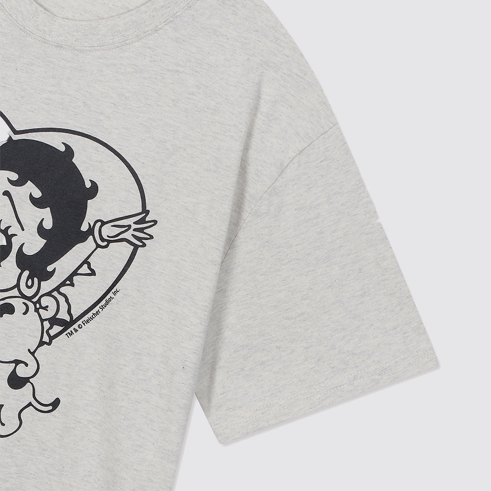 BETTY BOOP Betty Boop Stamp Heart Burst Overfit Short Sleeve T-Shirt_Oatmeal