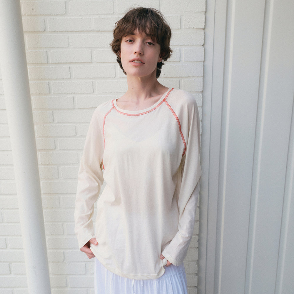 LOEIL Contrast stitch raglan t-shirt_Cream