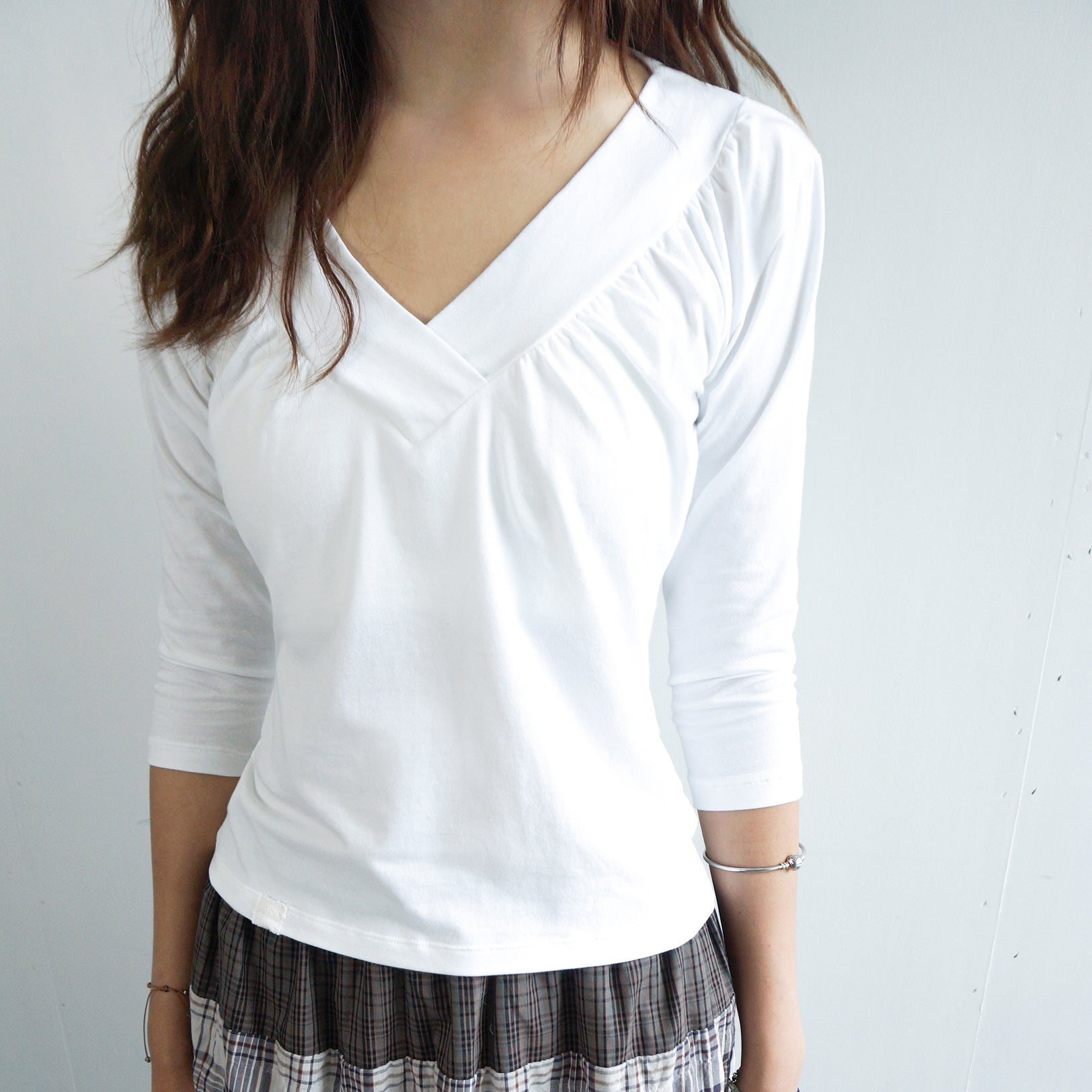 ODDME Shirring V-neck Top -White
