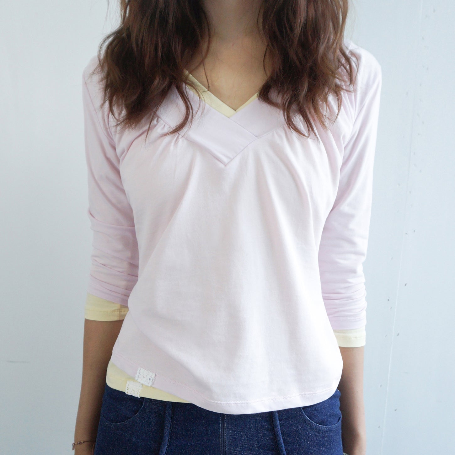 ODDME Shirring V-neck Top -Pink