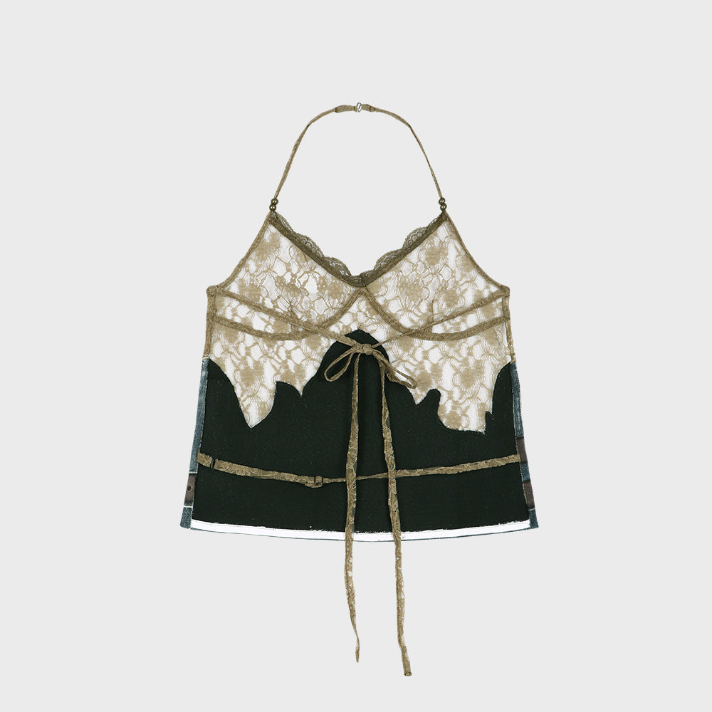 ADSB ANDERSSON BELL BELTED DENIM PRINTED LACE BUSTIER atb1563w(MID BLUE/KHAKI)