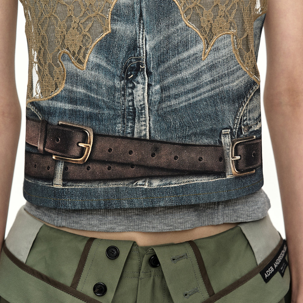 ADSB ANDERSSON BELL BELTED DENIM PRINTED LACE BUSTIER atb1563w(MID BLUE/KHAKI)