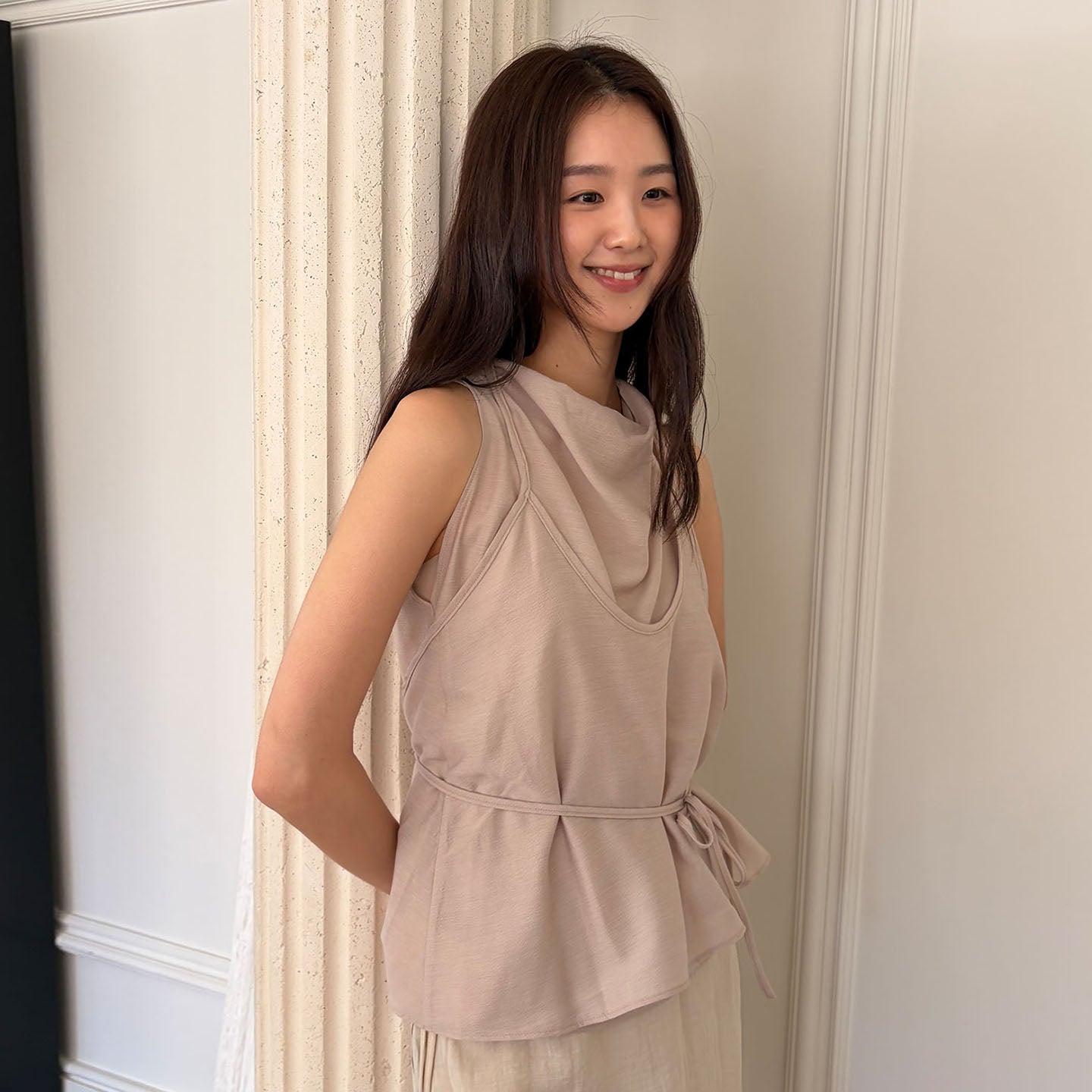 OURO LAYERED DRAPE HALTER BLOUSE SET UP [ SAND BEIGE ]