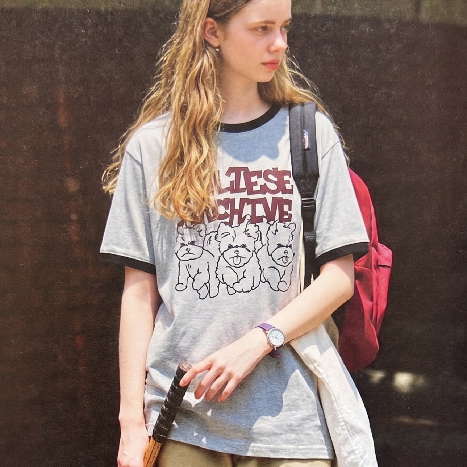 WAIKEI Maltese Archive Line Graphic Ringer Short Sleeve T-Shirt Gray