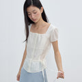 CITYBREEZE Tie square neck short sleeve blouse_IVORY