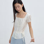 CITYBREEZE Tie square neck short sleeve blouse_IVORY