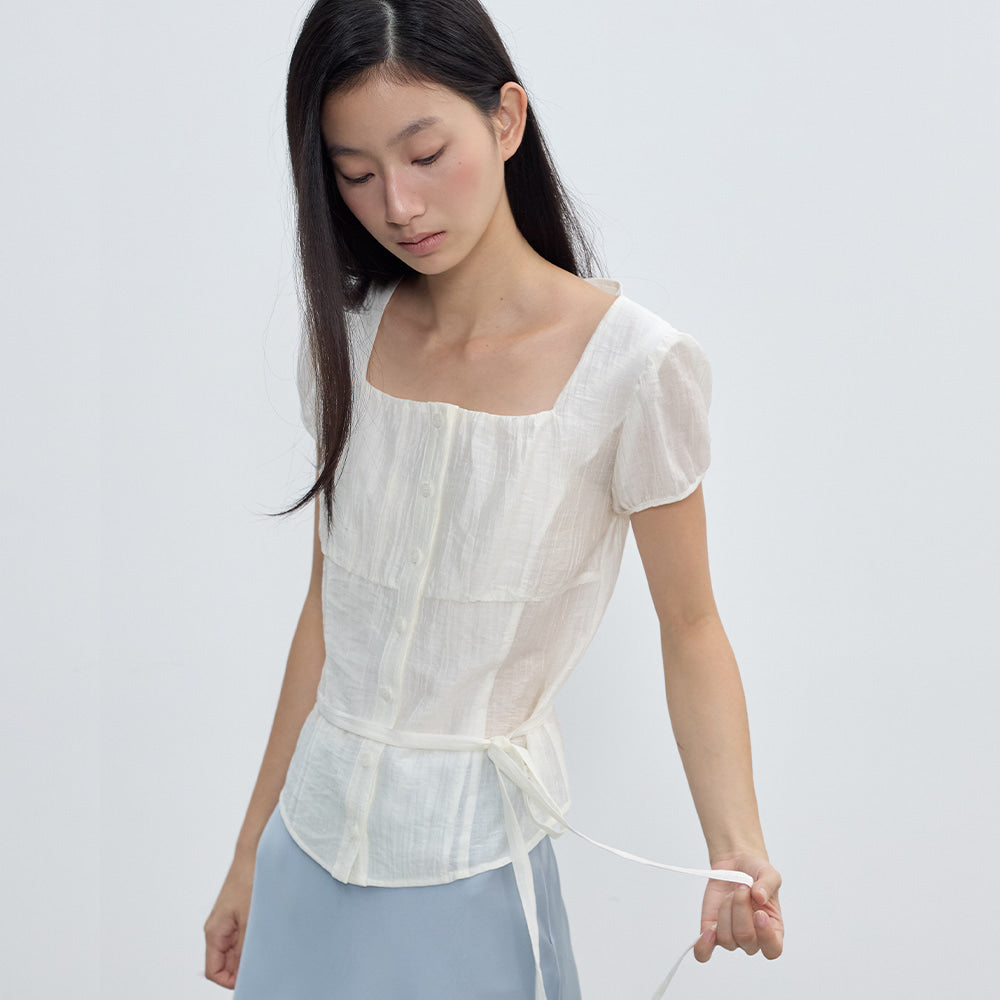 CITYBREEZE Tie square neck short sleeve blouse_IVORY
