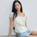 CITYBREEZE Tie square neck short sleeve blouse_IVORY