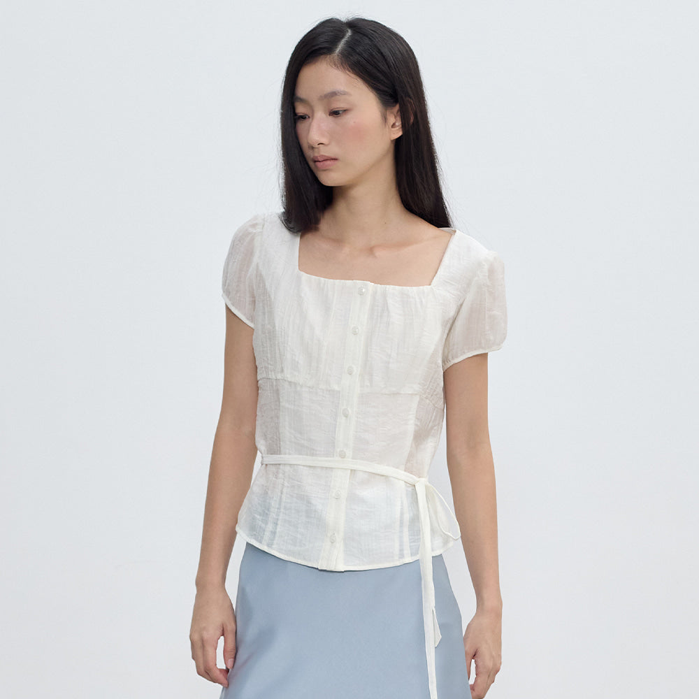 CITYBREEZE Tie square neck short sleeve blouse_IVORY