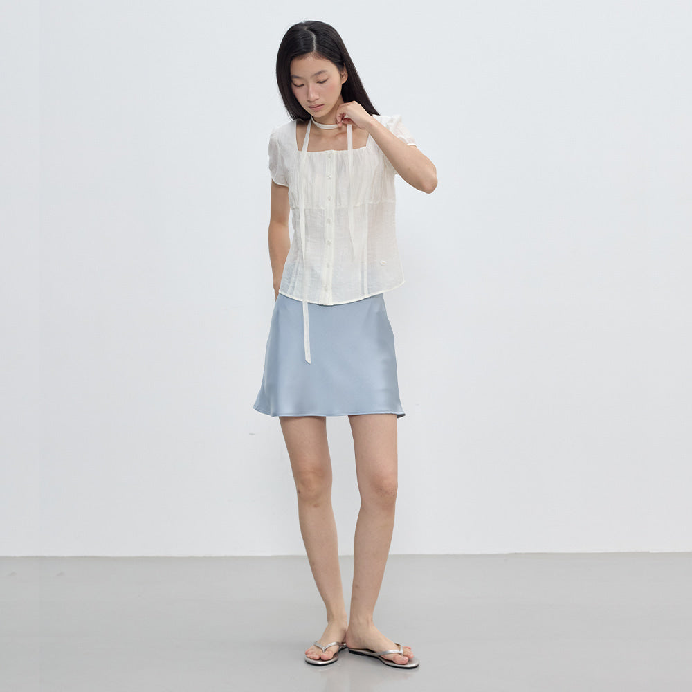 CITYBREEZE Tie square neck short sleeve blouse_IVORY