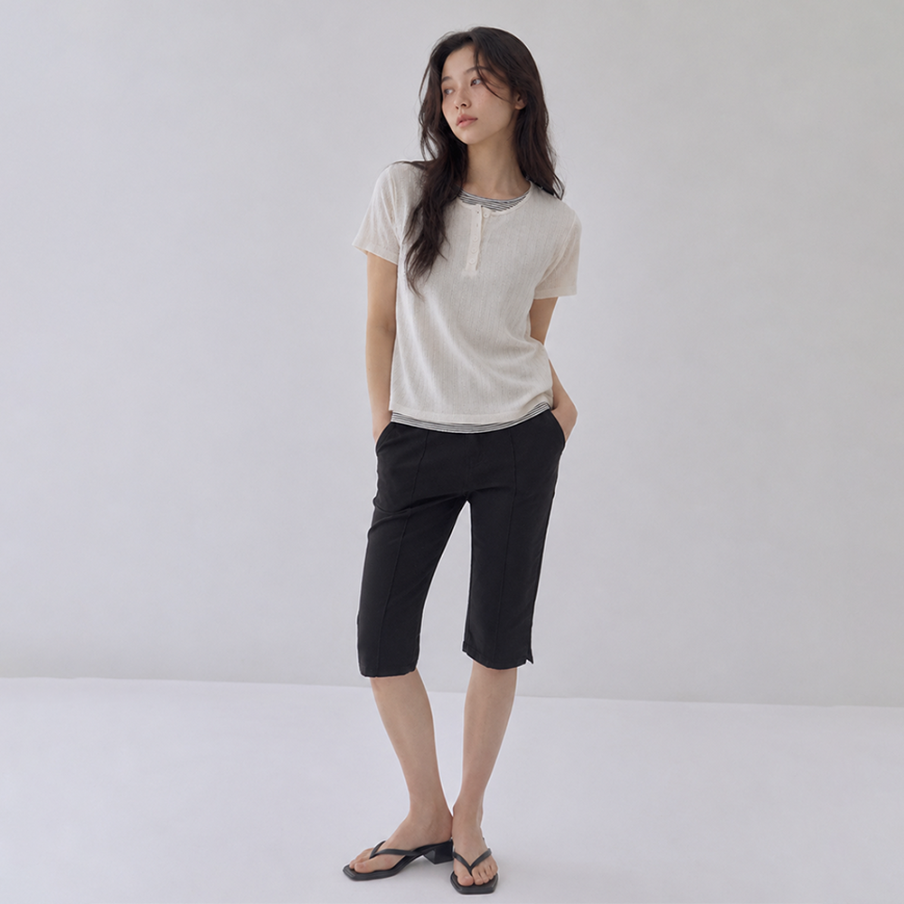 SAYUU Soft layered henley neck short sleeve tee cream