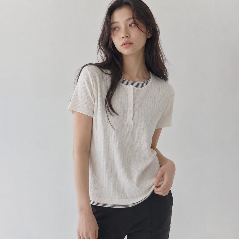 SAYUU Soft layered henley neck short sleeve tee cream