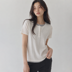 SAYUU Soft layered henley neck short sleeve tee cream