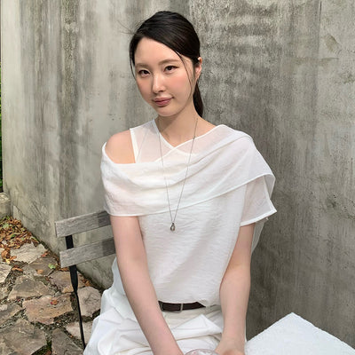 Asymmetric Drape Shawl Blouse (2color)