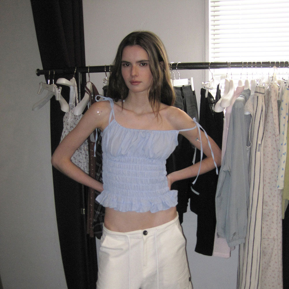 APPAREL ARCHIVE Marina gingham smocked top - Skyblue