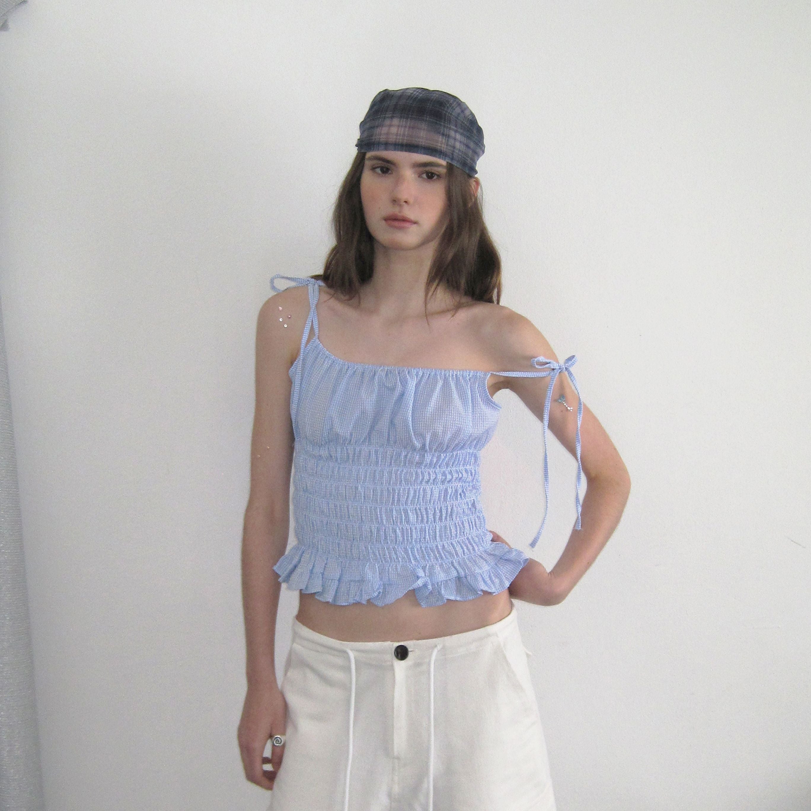 APPAREL ARCHIVE Marina gingham smocked top - Skyblue