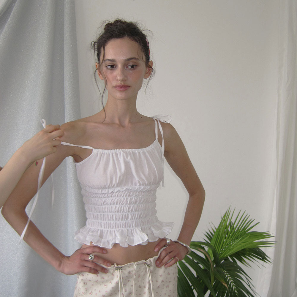 APPAREL ARCHIVE Marina gingham smocked top - Ivory