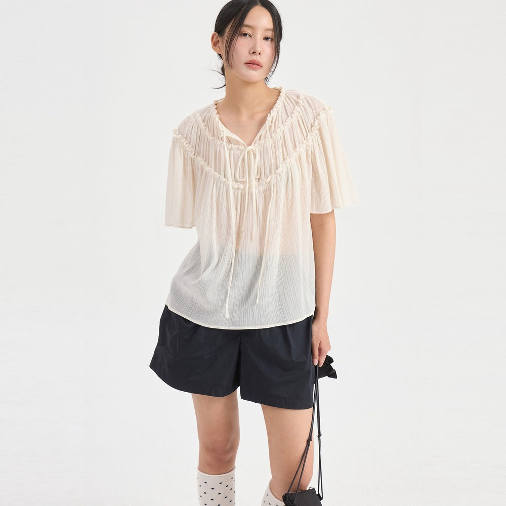 LUCKY CHOUETTE String Shirring Half Sleeve Blouse (ivory) LFSAM25660IVX