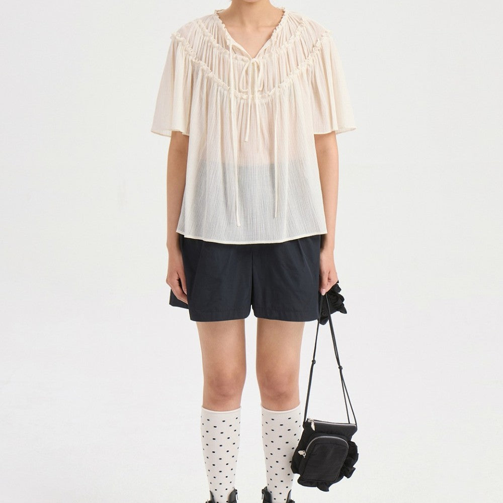 LUCKY CHOUETTE String Shirring Half Sleeve Blouse (ivory) LFSAM25660IVX