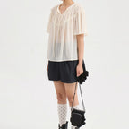 LUCKY CHOUETTE String Shirring Half Sleeve Blouse (ivory) LFSAM25660IVX