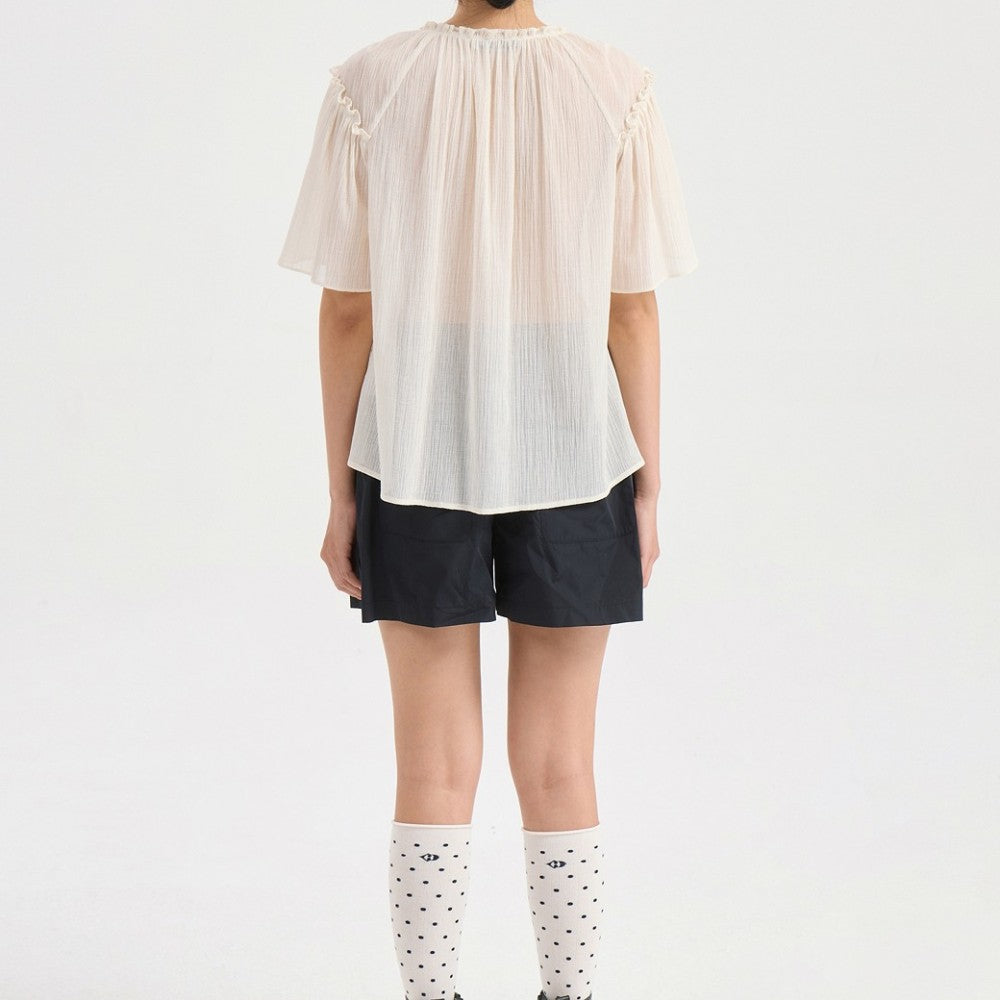 LUCKY CHOUETTE String Shirring Half Sleeve Blouse (ivory) LFSAM25660IVX