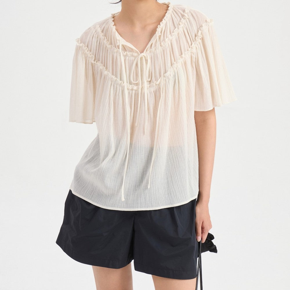 LUCKY CHOUETTE String Shirring Half Sleeve Blouse (ivory) LFSAM25660IVX