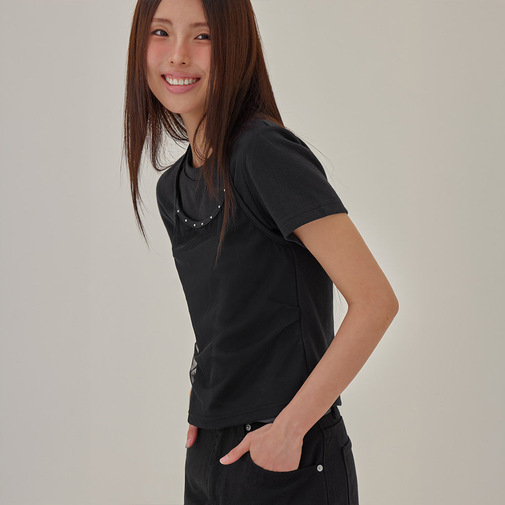 LONDONDADA Stud Mesh Halter Layered T-Shirt, BLACK