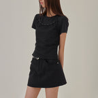 LONDONDADA Stud Mesh Halter Layered T-Shirt, BLACK