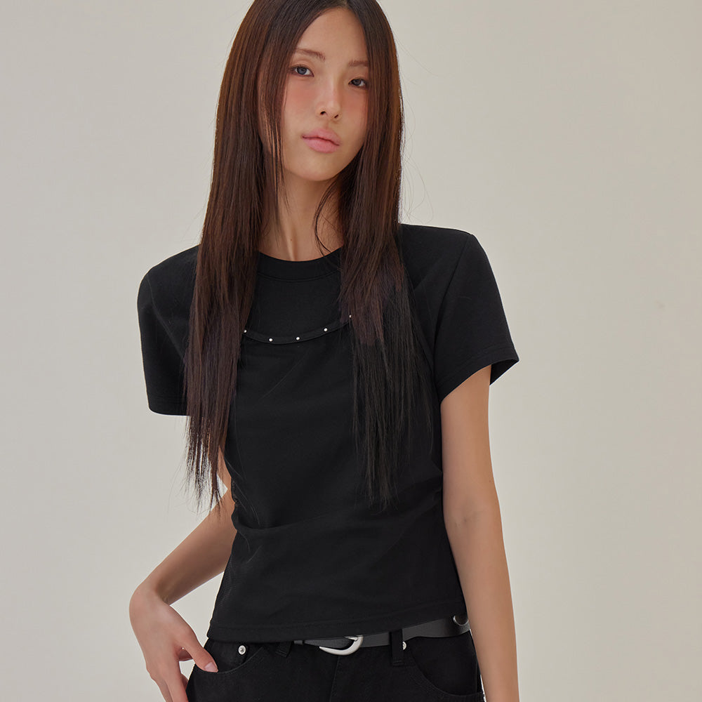LONDONDADA Stud Mesh Halter Layered T-Shirt, BLACK
