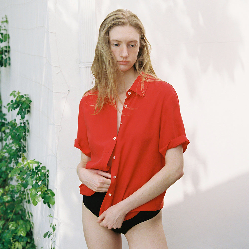 AND YOU Linen standard fit short sleeve shirt (Red/Yellow)_2GMUBL13