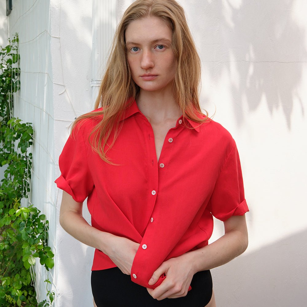 AND YOU Linen standard fit short sleeve shirt (Red/Yellow)_2GMUBL13