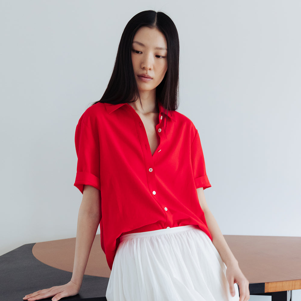 AND YOU Linen standard fit short sleeve shirt (Red/Yellow)_2GMUBL13