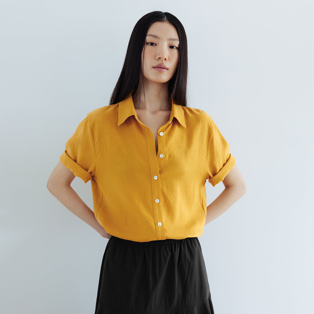 AND YOU Linen standard fit short sleeve shirt (Red/Yellow)_2GMUBL13