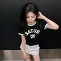 SATUR (W) Arch Logo Ringer Short Sleeve T-Shirt Black