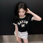 SATUR (W) Arch Logo Ringer Short Sleeve T-Shirt Black