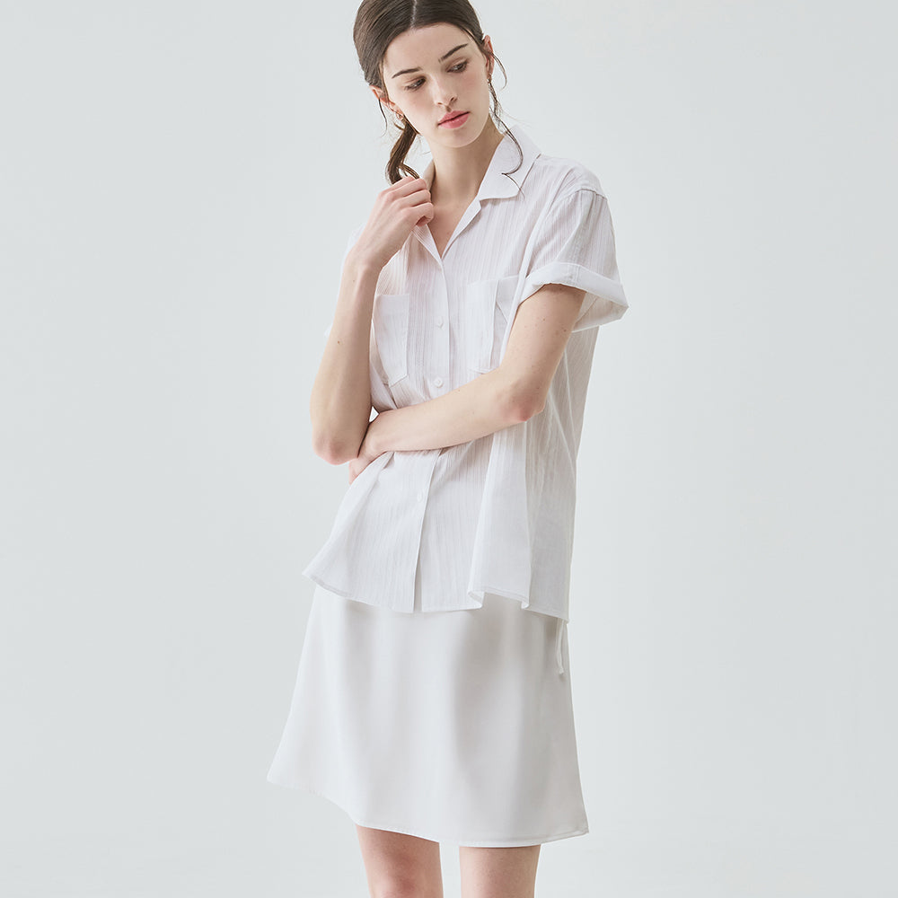DRAWFIT WOMEN Striped standard open collar short sleeve shirt [SKY BLUE]
