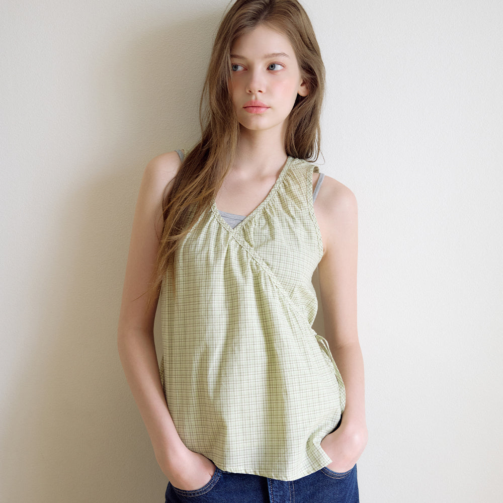 LETTER FROM MOON Timo shirring wrap check blouse (apple green)