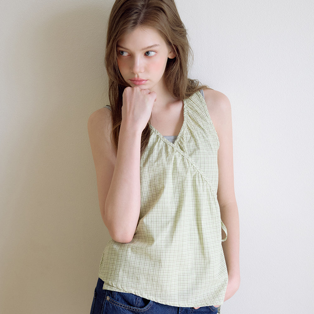 LETTER FROM MOON Timo shirring wrap check blouse (apple green)