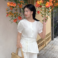 ROEM Round neck belted short sleeve blouse RMBLG37RT6