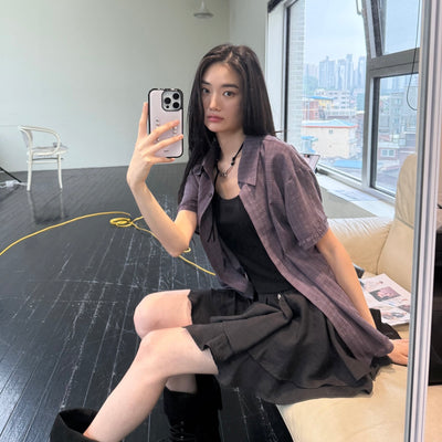 [7th reorder] Layered cutout check half shirt [purple]