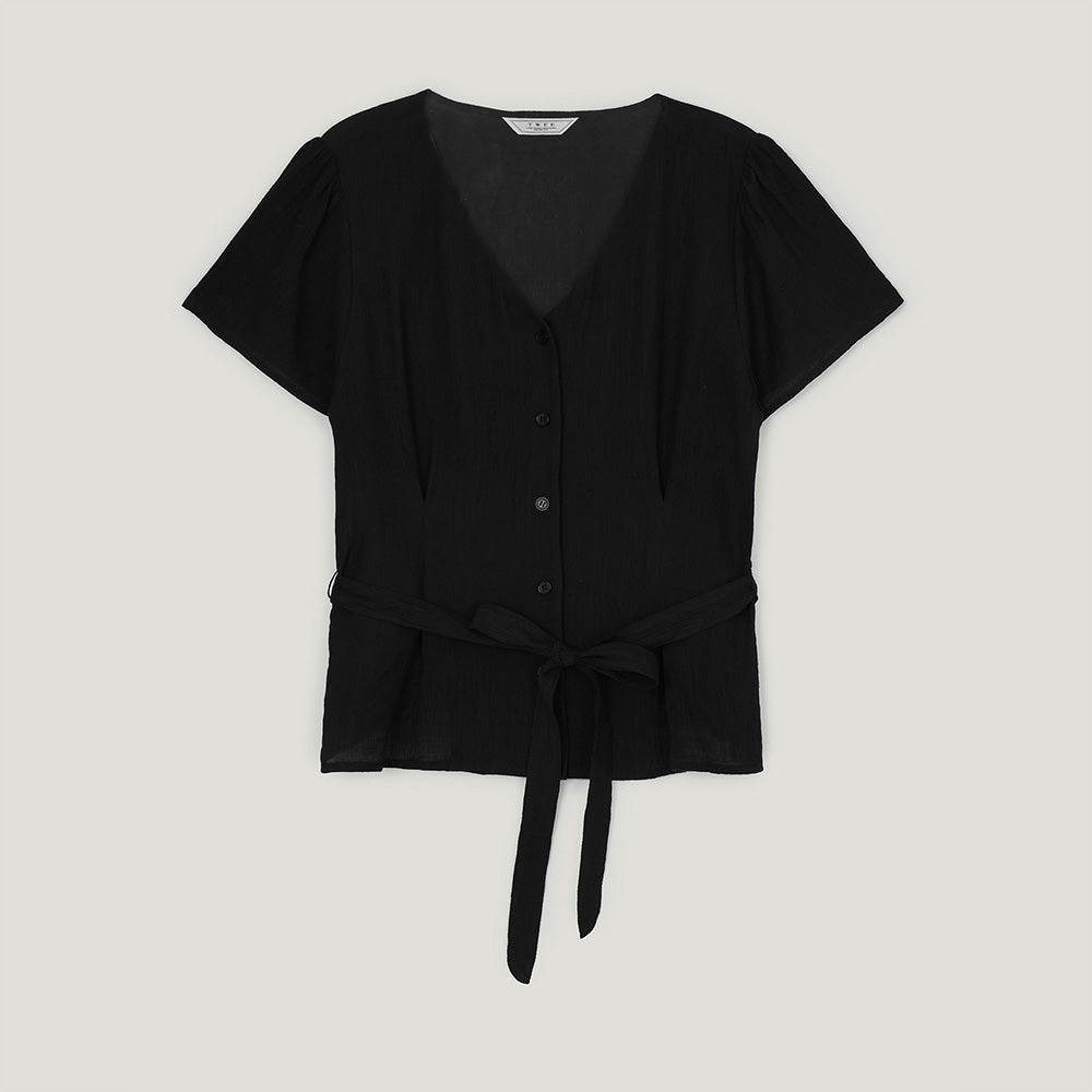 TWEE Bnenne Wrinkle Tie V-neck Short Sleeve Blouse