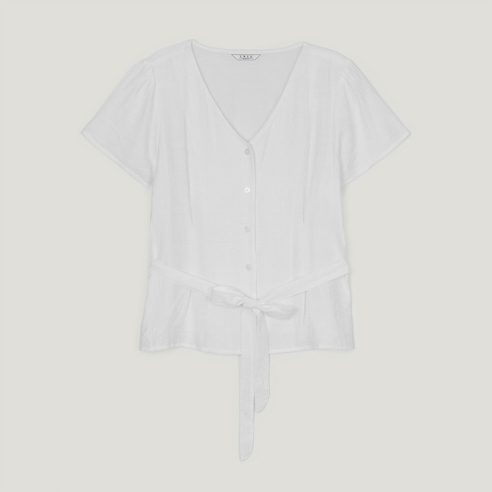 TWEE Bnenne Wrinkle Tie V-neck Short Sleeve Blouse