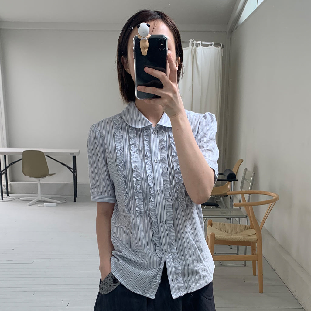 OHESHIO ROUND COLLAR FRILL BLOUSE, STRIPE