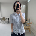 OHESHIO ROUND COLLAR FRILL BLOUSE, STRIPE