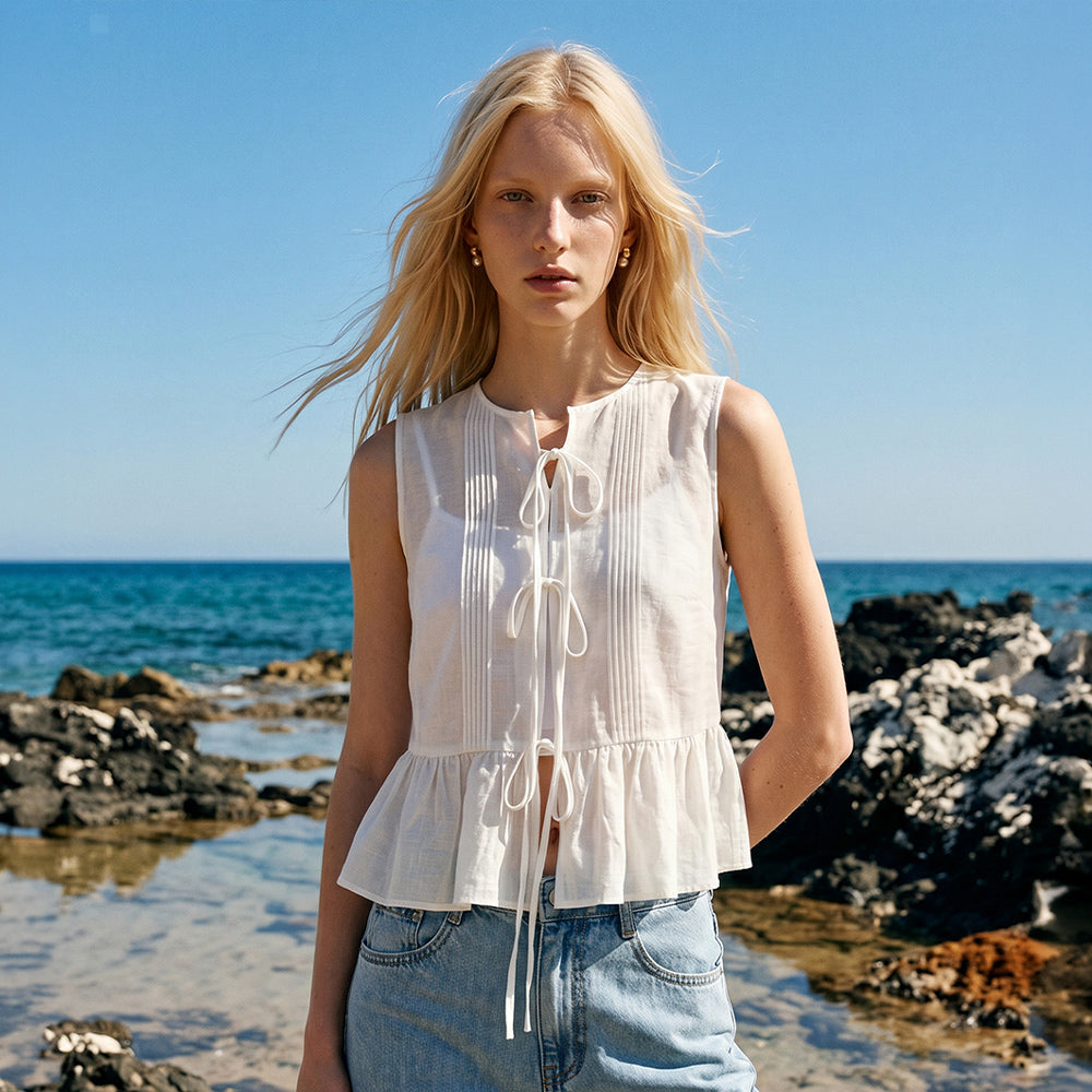 LOOKAST RENEE SHEER RIBBON SLEEVELESS BLOUSE_WHITE