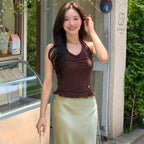 L'AUTRE DE MIN Halter Frill Sleeveless Brown dot Top